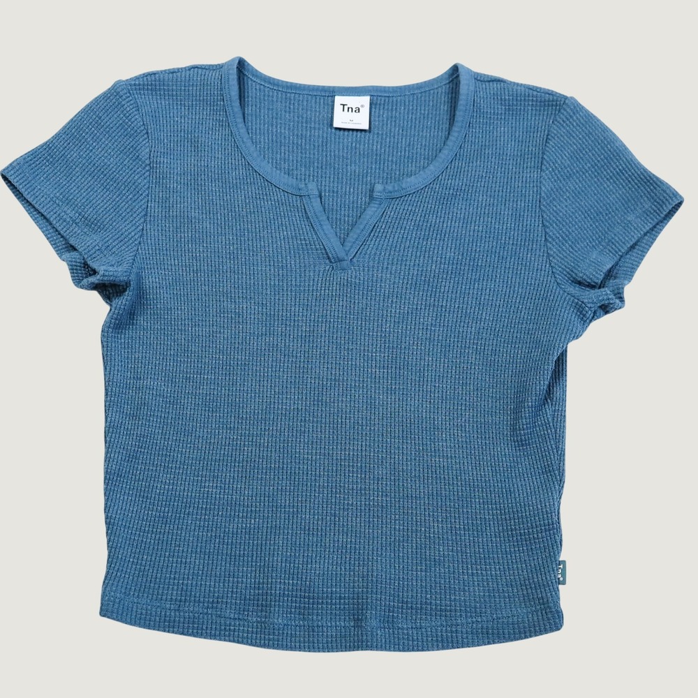 Tna Waffle Knit Baby Tee Women Medium Blue Notched Neck Thermal Short Sleeve Tee